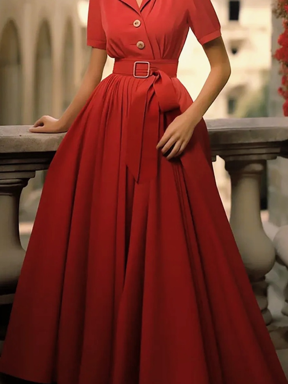 Elegant Red V-Neck Maxi Dress with Belt